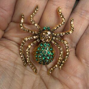Spider Brooch Green Rhinestone Gold Tone Insect Pin 2”